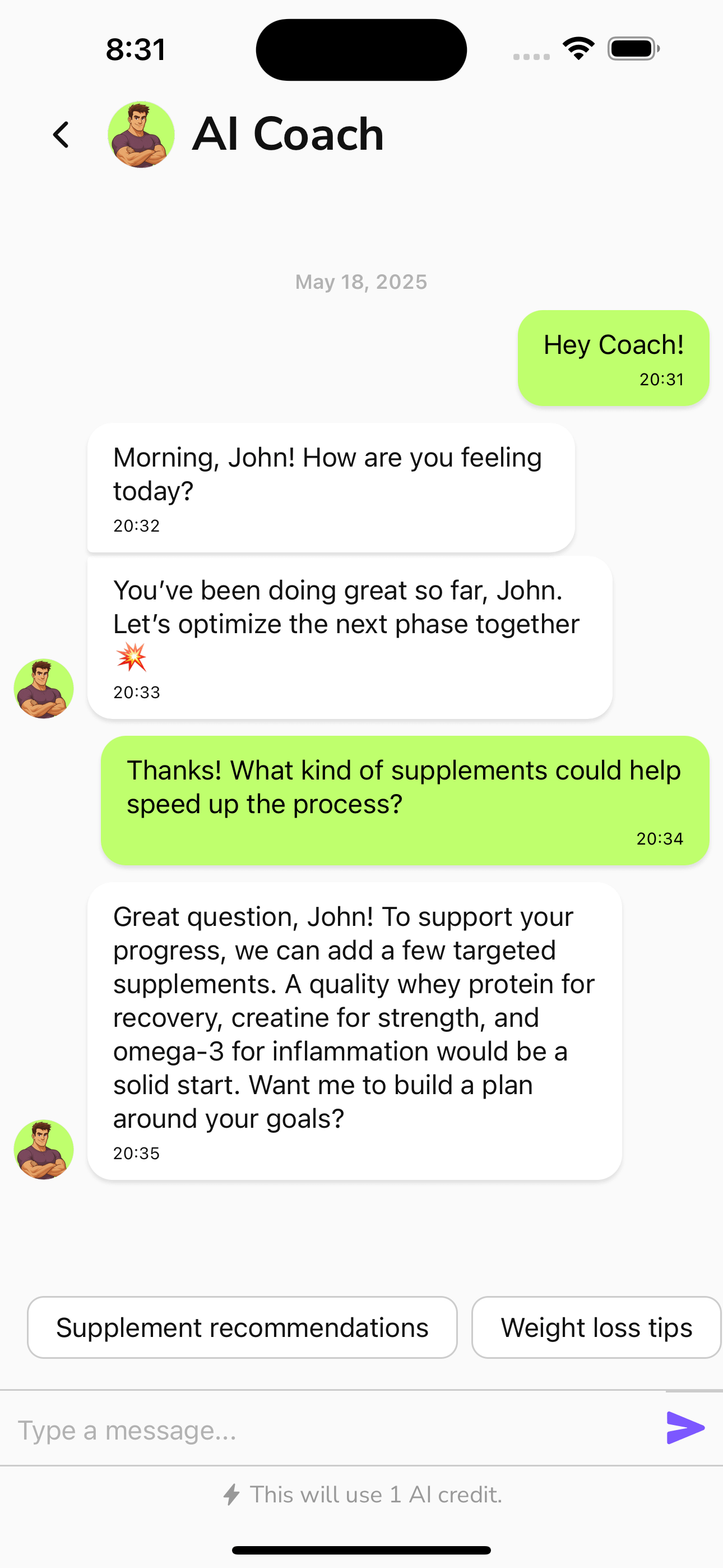 FitLead.AI chat interface with AI fitness coach providing personalized workout advice