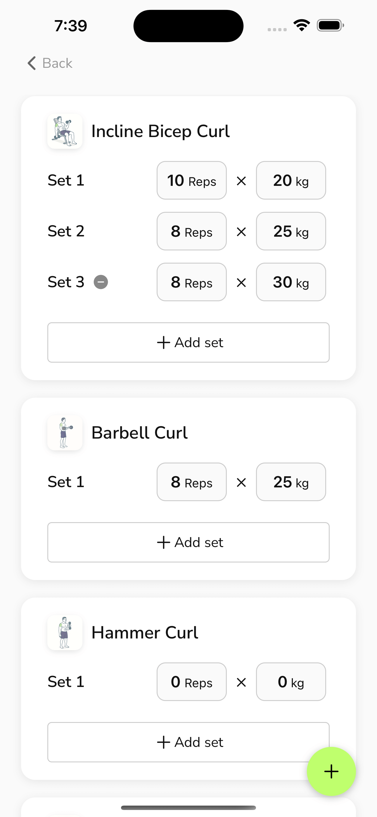 FitLead.AI workout tracking screen showing exercise history and performance metrics